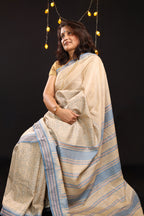 Pale Blue Flowers Handblock Printed Handwoven Vidarbha Tussar Silk Saree