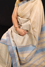 Pale Blue Flowers Handblock Printed Handwoven Vidarbha Tussar Silk Saree