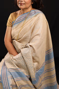 Pale Blue Flowers Handblock Printed Handwoven Vidarbha Tussar Silk Saree
