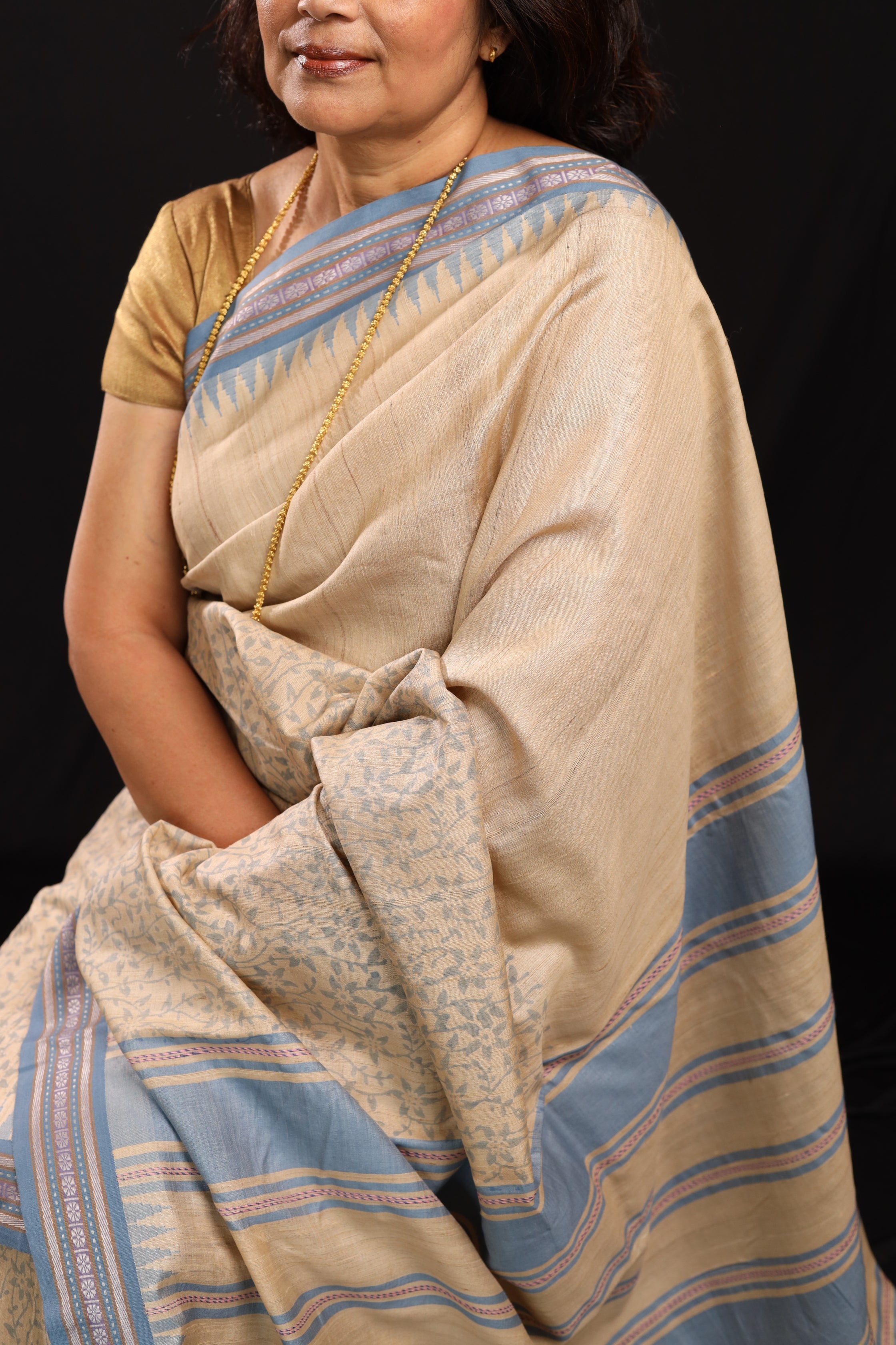Pale Blue Flowers Handblock Printed Handwoven Vidarbha Tussar Silk Saree