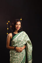 Bottle Green Chintz-Inspired Handblock Printed Handwoven Vidarbha Tussar Silk Saree