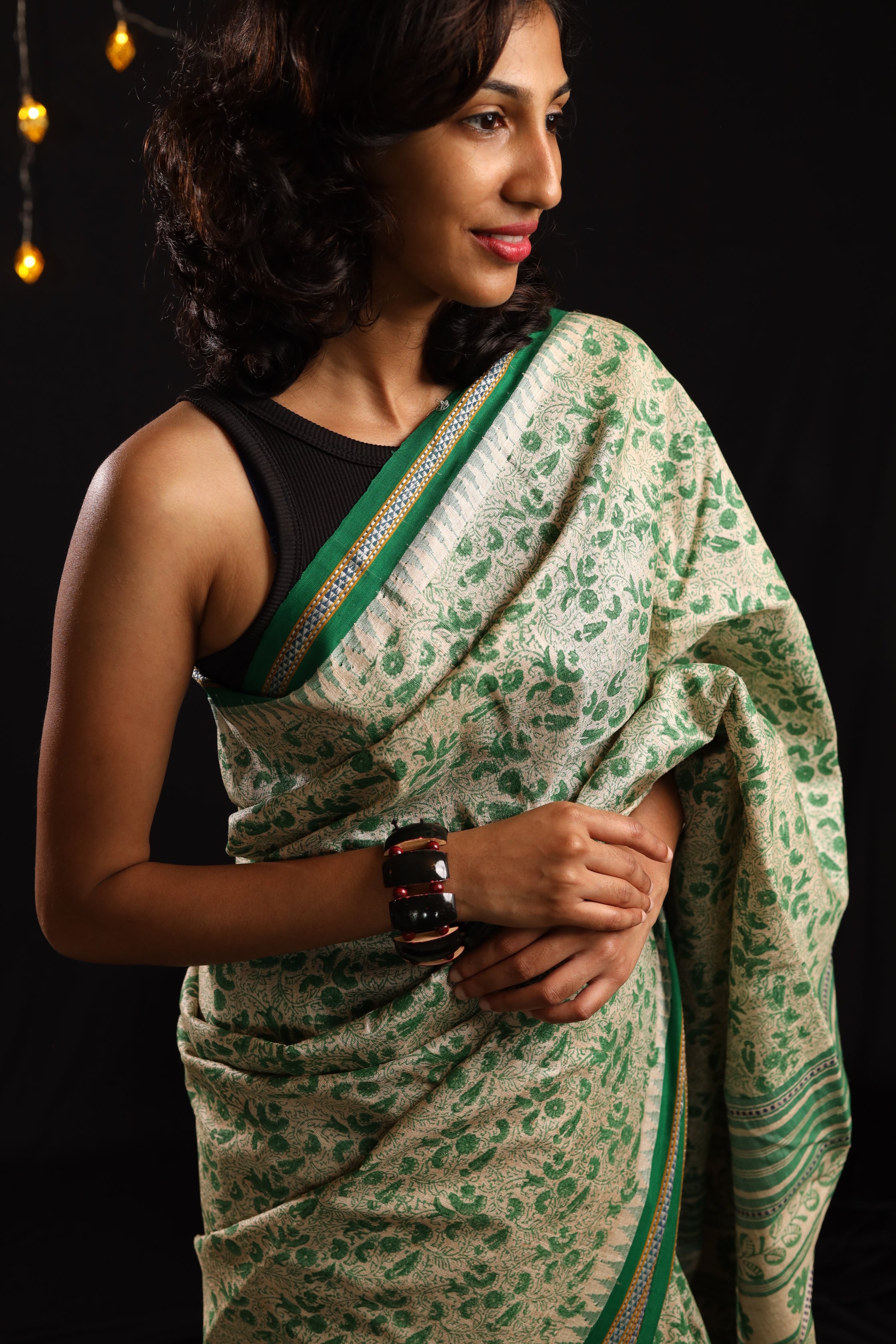 Bottle Green Chintz-Inspired Handblock Printed Handwoven Vidarbha Tussar Silk Saree