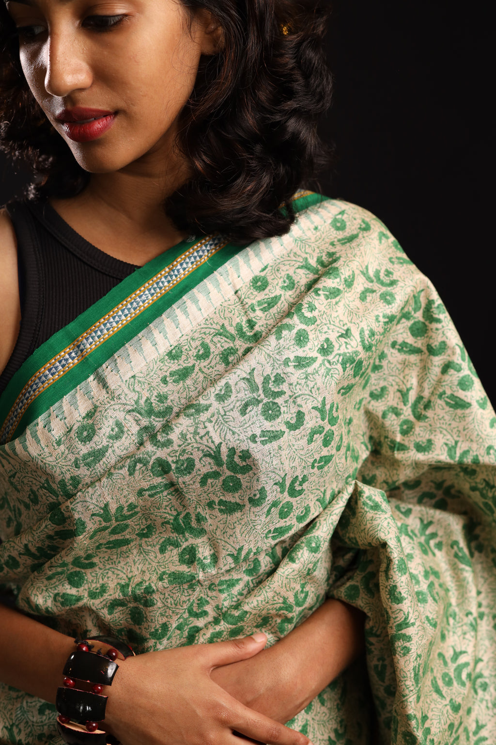 Bottle Green Chintz-Inspired Handblock Printed Handwoven Vidarbha Tussar Silk Saree