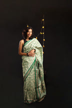 Bottle Green Chintz-Inspired Handblock Printed Handwoven Vidarbha Tussar Silk Saree