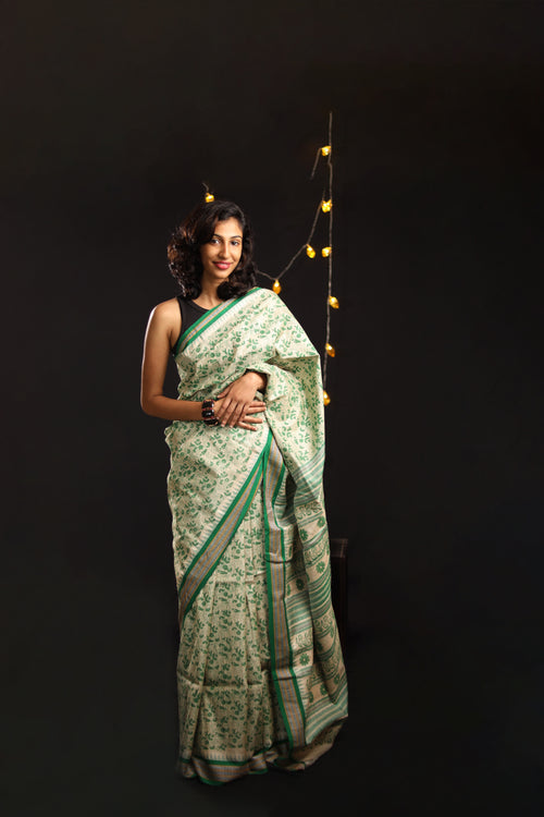 Bottle Green Chintz-Inspired Handblock Printed Handwoven Vidarbha Tussar Silk Saree