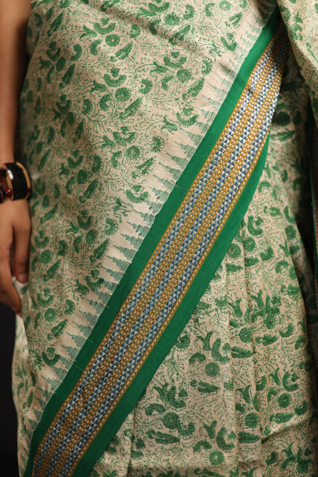 Bottle Green Chintz-Inspired Handblock Printed Handwoven Vidarbha Tussar Silk Saree