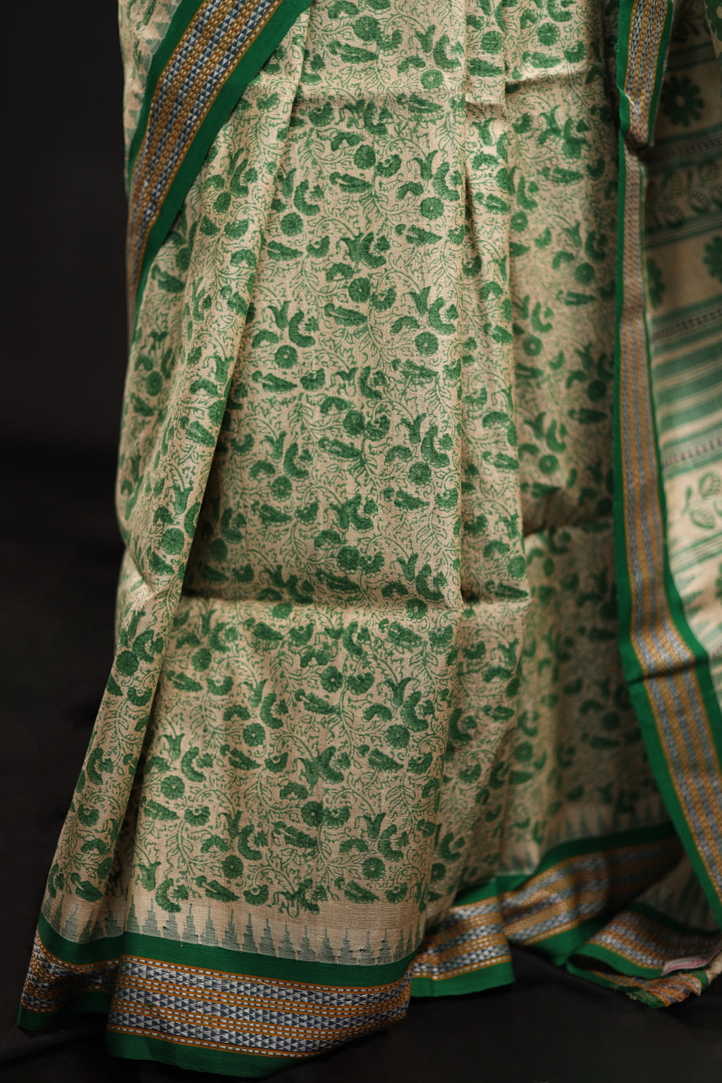 Bottle Green Chintz-Inspired Handblock Printed Handwoven Vidarbha Tussar Silk Saree
