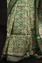 Bottle Green Chintz-Inspired Handblock Printed Handwoven Vidarbha Tussar Silk Saree