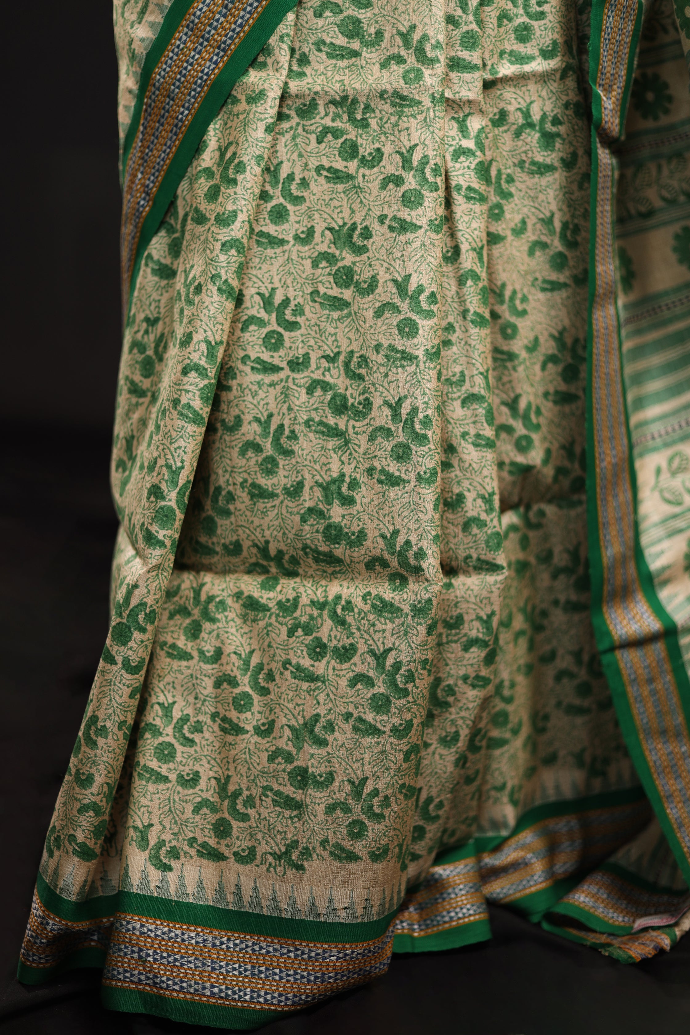 Bottle Green Chintz-Inspired Handblock Printed Handwoven Vidarbha Tussar Silk Saree