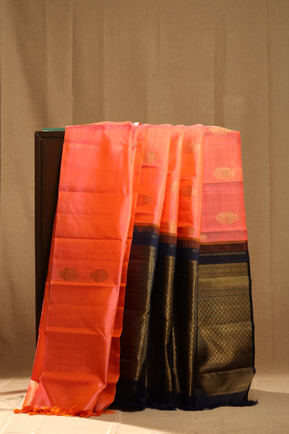 Peach & Black Irulathai Pakshi Kanjivaram Silk