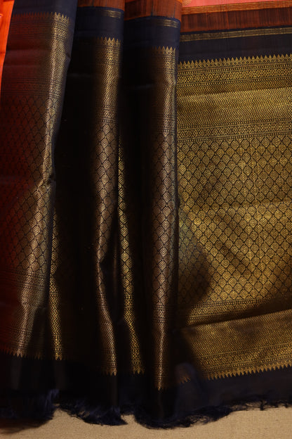 Peach & Black Irulathai Pakshi Kanjivaram Silk