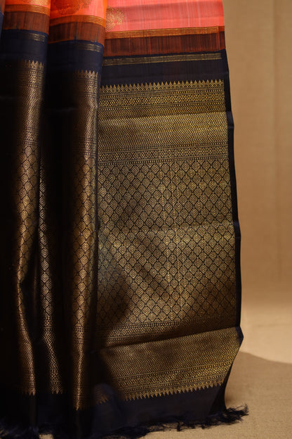 Peach & Black Irulathai Pakshi Kanjivaram Silk