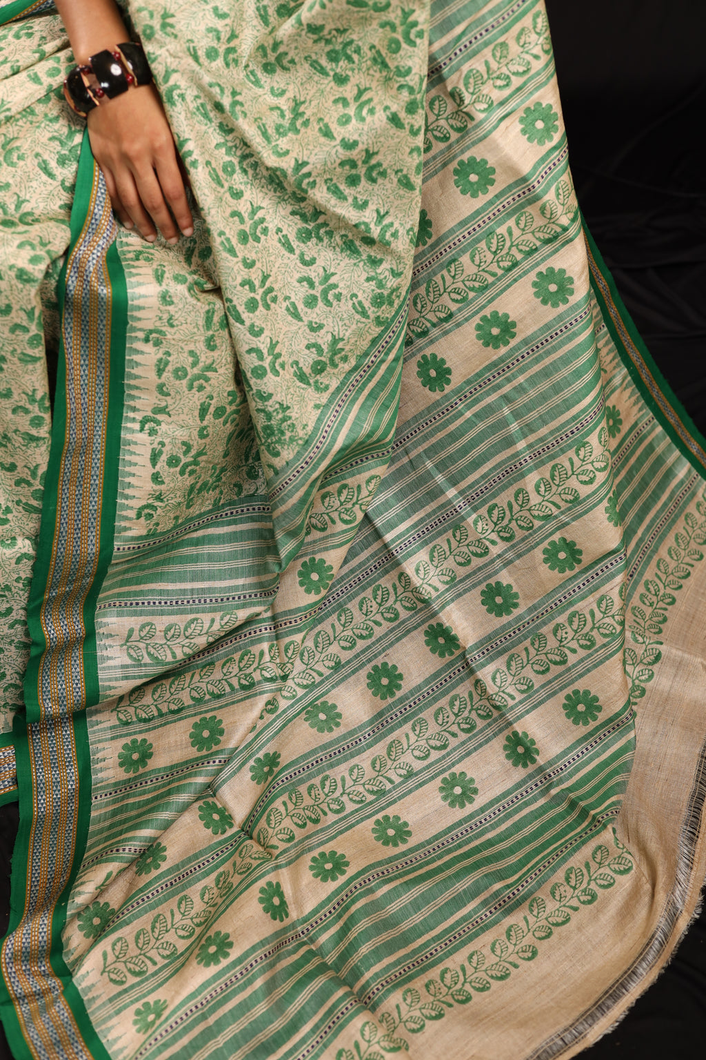 Bottle Green Chintz-Inspired Handblock Printed Handwoven Vidarbha Tussar Silk Saree