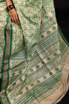 Bottle Green Chintz-Inspired Handblock Printed Handwoven Vidarbha Tussar Silk Saree