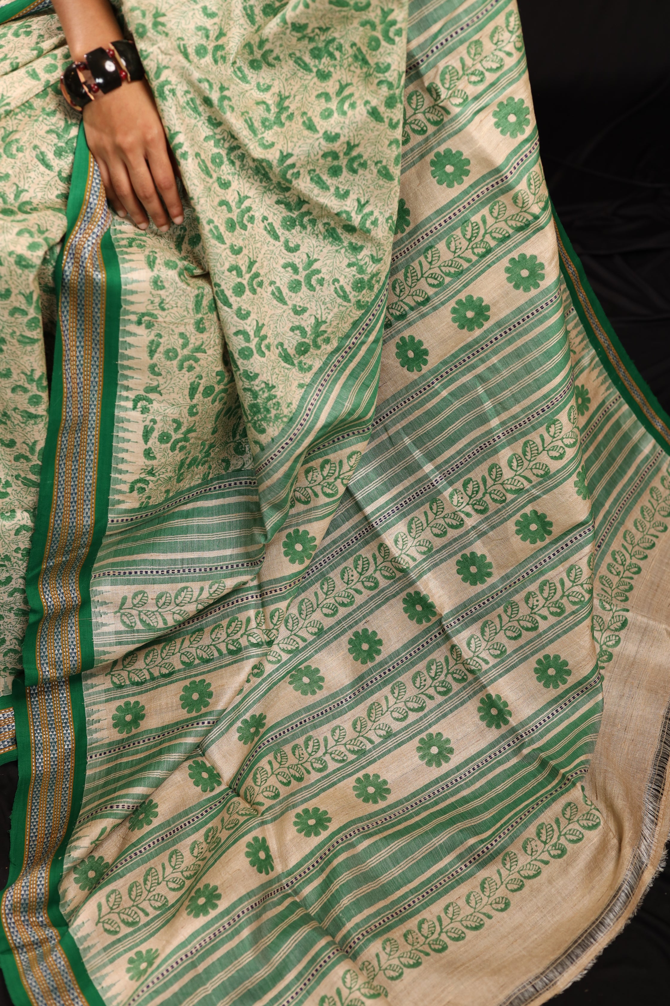 Bottle Green Chintz-Inspired Handblock Printed Handwoven Vidarbha Tussar Silk Saree