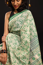 Bottle Green Chintz-Inspired Handblock Printed Handwoven Vidarbha Tussar Silk Saree