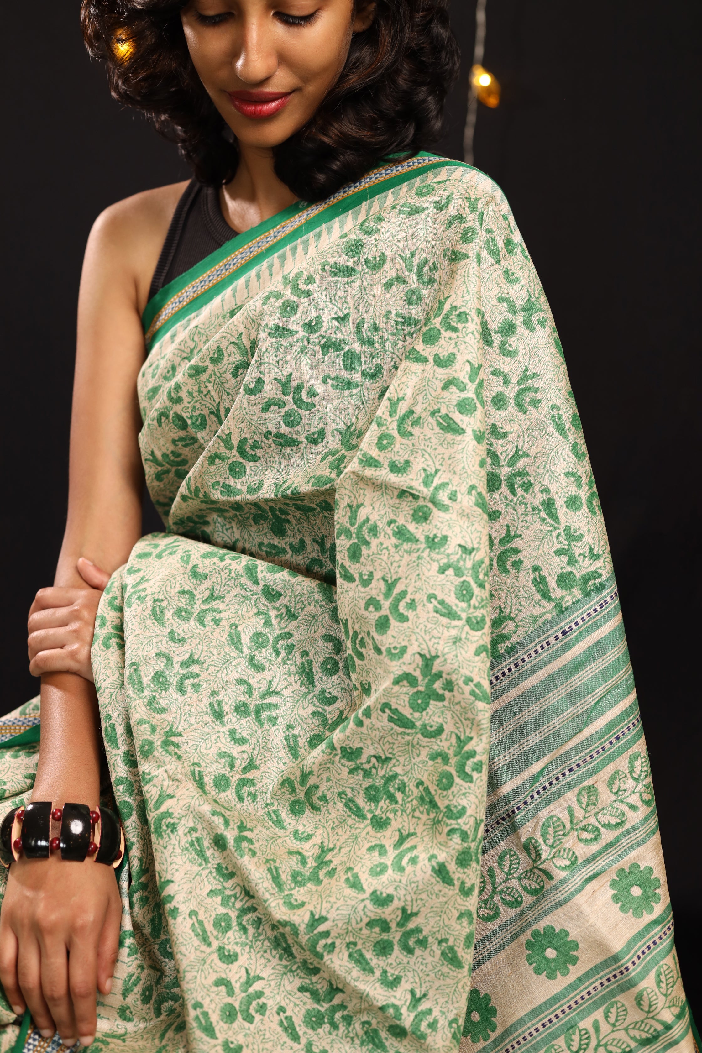 Bottle Green Chintz-Inspired Handblock Printed Handwoven Vidarbha Tussar Silk Saree