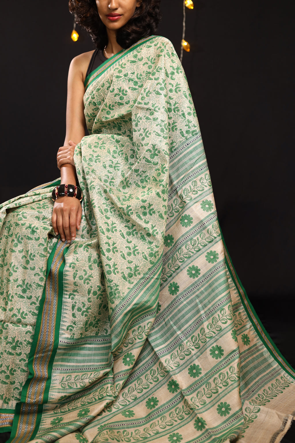 Bottle Green Chintz-Inspired Handblock Printed Handwoven Vidarbha Tussar Silk Saree