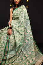 Bottle Green Chintz-Inspired Handblock Printed Handwoven Vidarbha Tussar Silk Saree