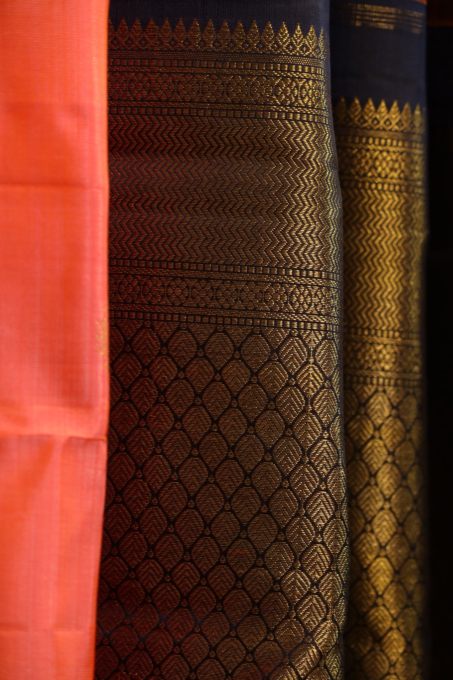 Peach & Black Irulathai Pakshi Kanjivaram Silk