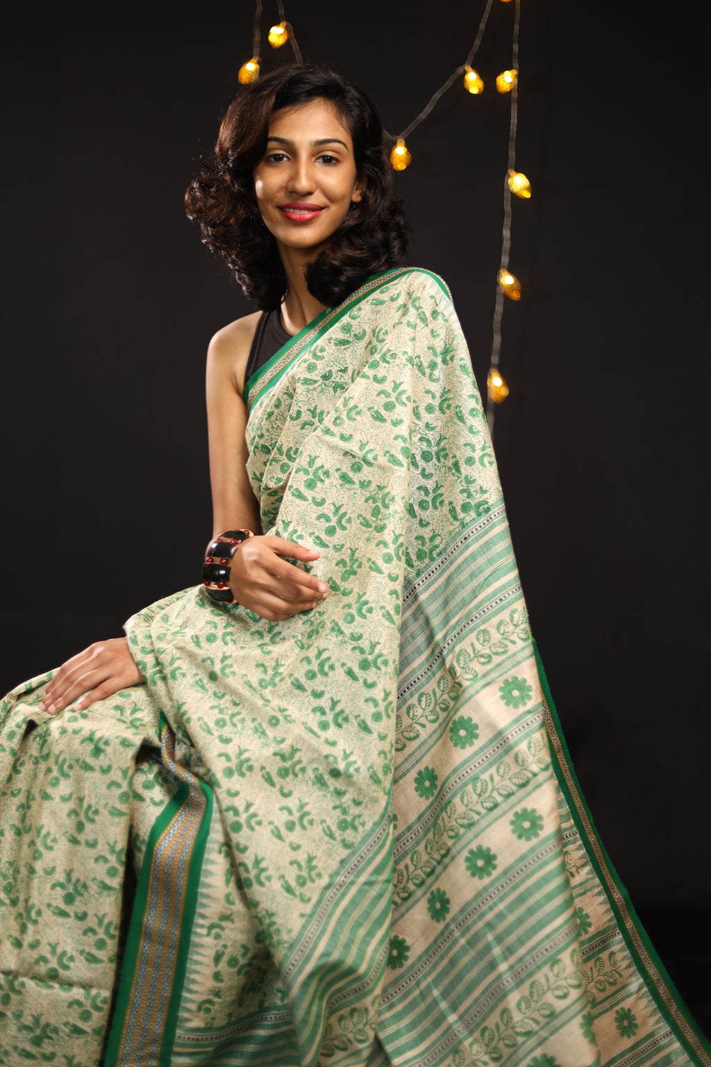 Bottle Green Chintz-Inspired Handblock Printed Handwoven Vidarbha Tussar Silk Saree