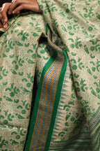 Bottle Green Chintz-Inspired Handblock Printed Handwoven Vidarbha Tussar Silk Saree