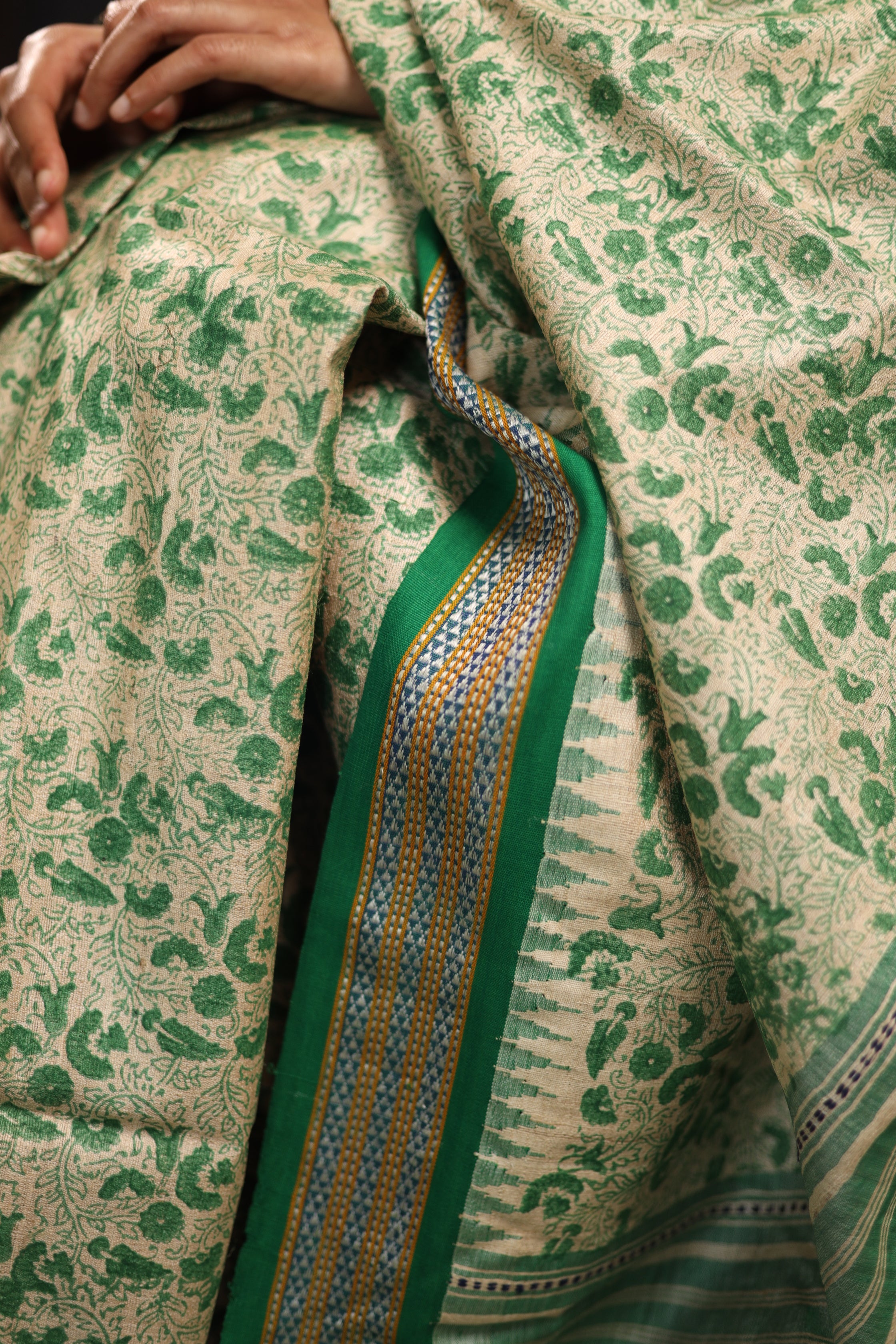 Bottle Green Chintz-Inspired Handblock Printed Handwoven Vidarbha Tussar Silk Saree