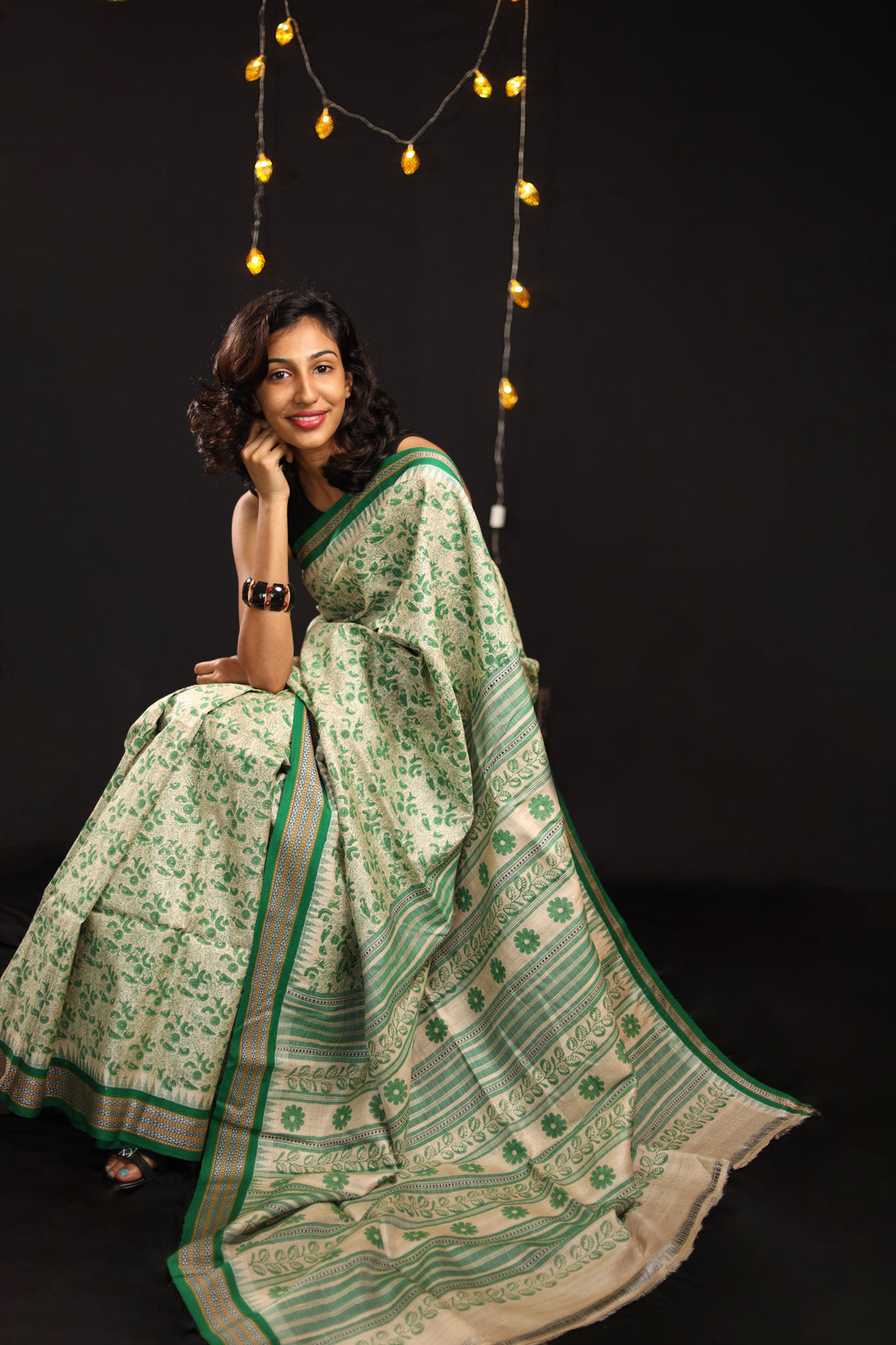 Bottle Green Chintz-Inspired Handblock Printed Handwoven Vidarbha Tussar Silk Saree