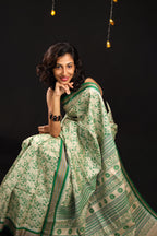 Bottle Green Chintz-Inspired Handblock Printed Handwoven Vidarbha Tussar Silk Saree