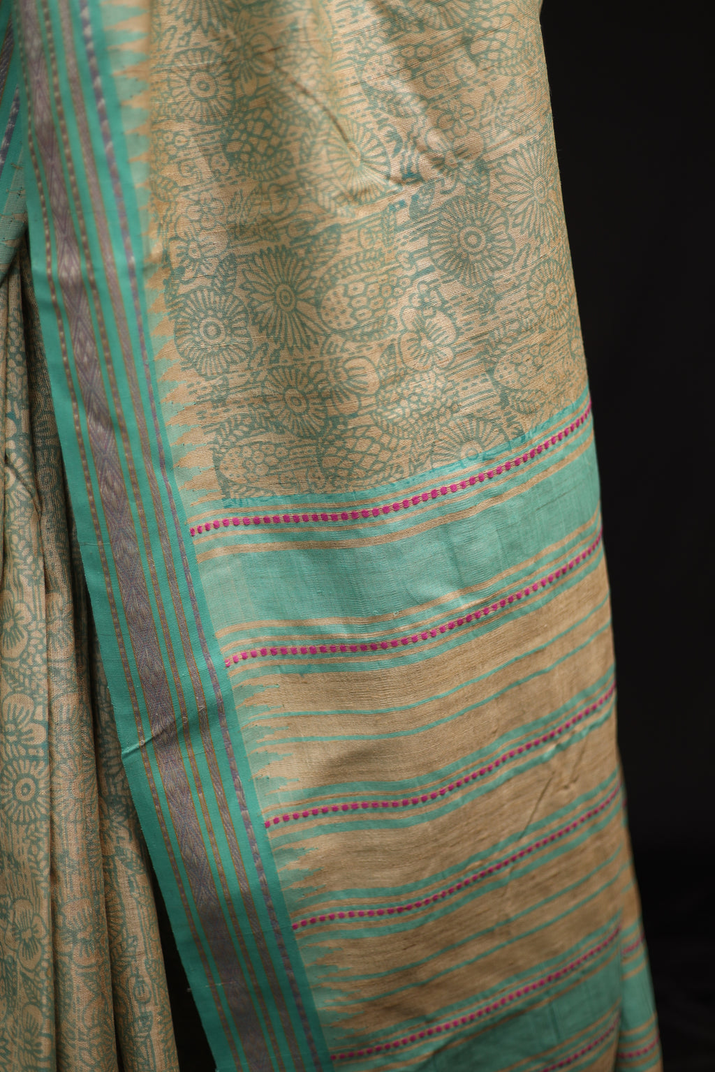 Icy Blue Florals Handblock Printed Handwoven Vidarbha Tussar Silk Saree