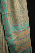 Icy Blue Florals Handblock Printed Handwoven Vidarbha Tussar Silk Saree