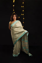 Icy Blue Florals Handblock Printed Handwoven Vidarbha Tussar Silk Saree