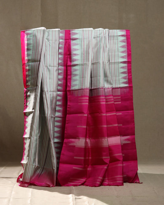 Striped Pink & Off-White Kanjivaram Silk