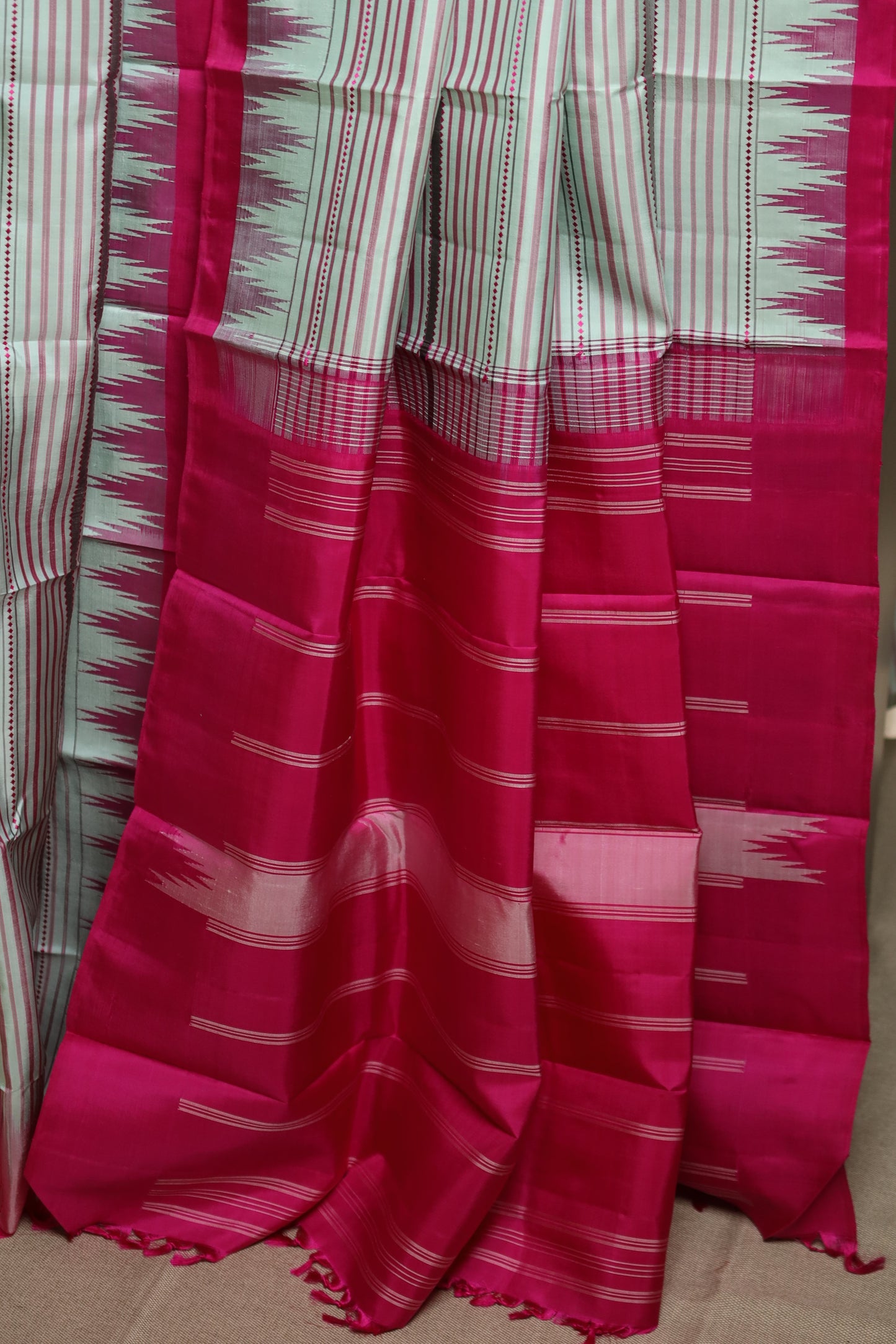 Striped Pink & Off-White Kanjivaram Silk