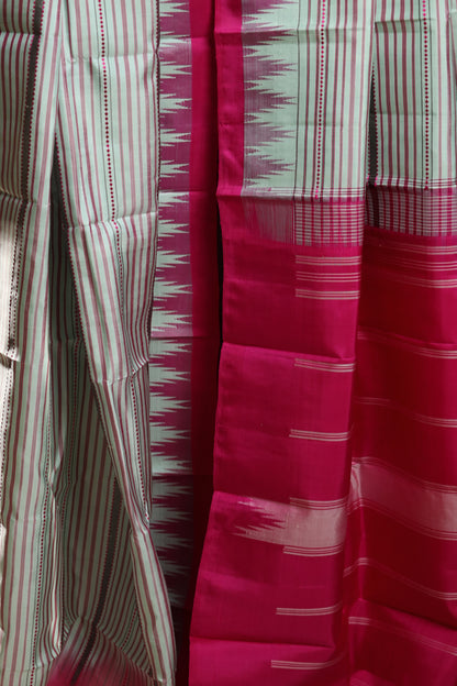 Striped Pink & Off-White Kanjivaram Silk