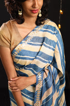 Cobalt & Ivory Leheriya Tussar with Gota Patti