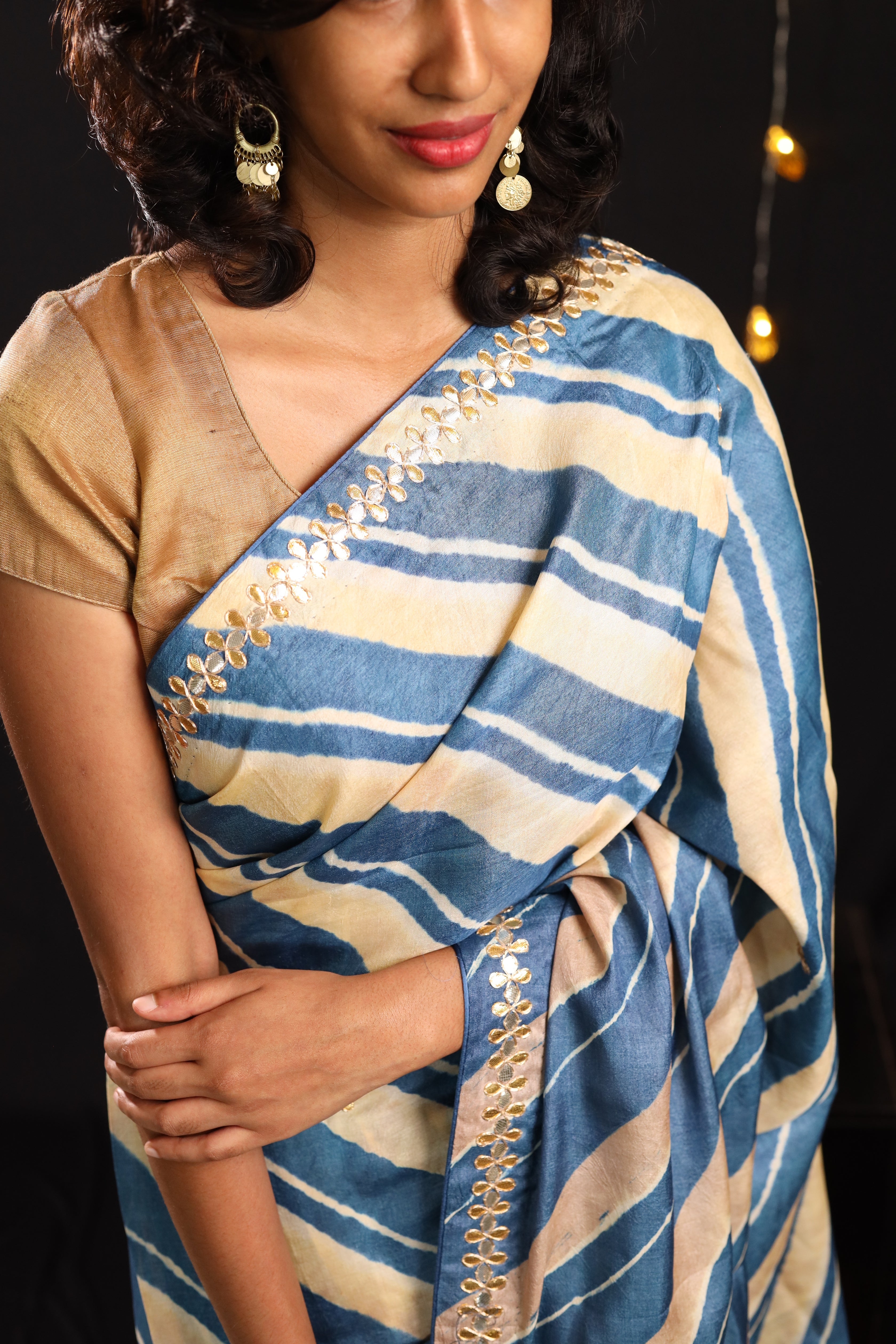 Cobalt & Ivory Leheriya Tussar with Gota Patti
