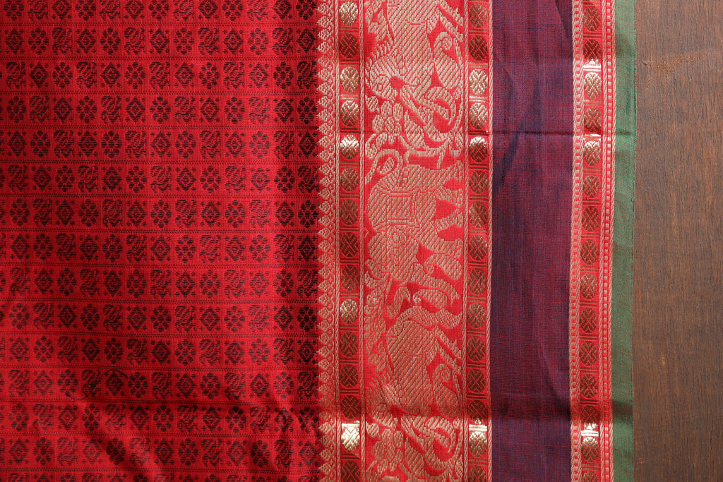 Bold Red Two-Toned Chettinad Cotton Saree