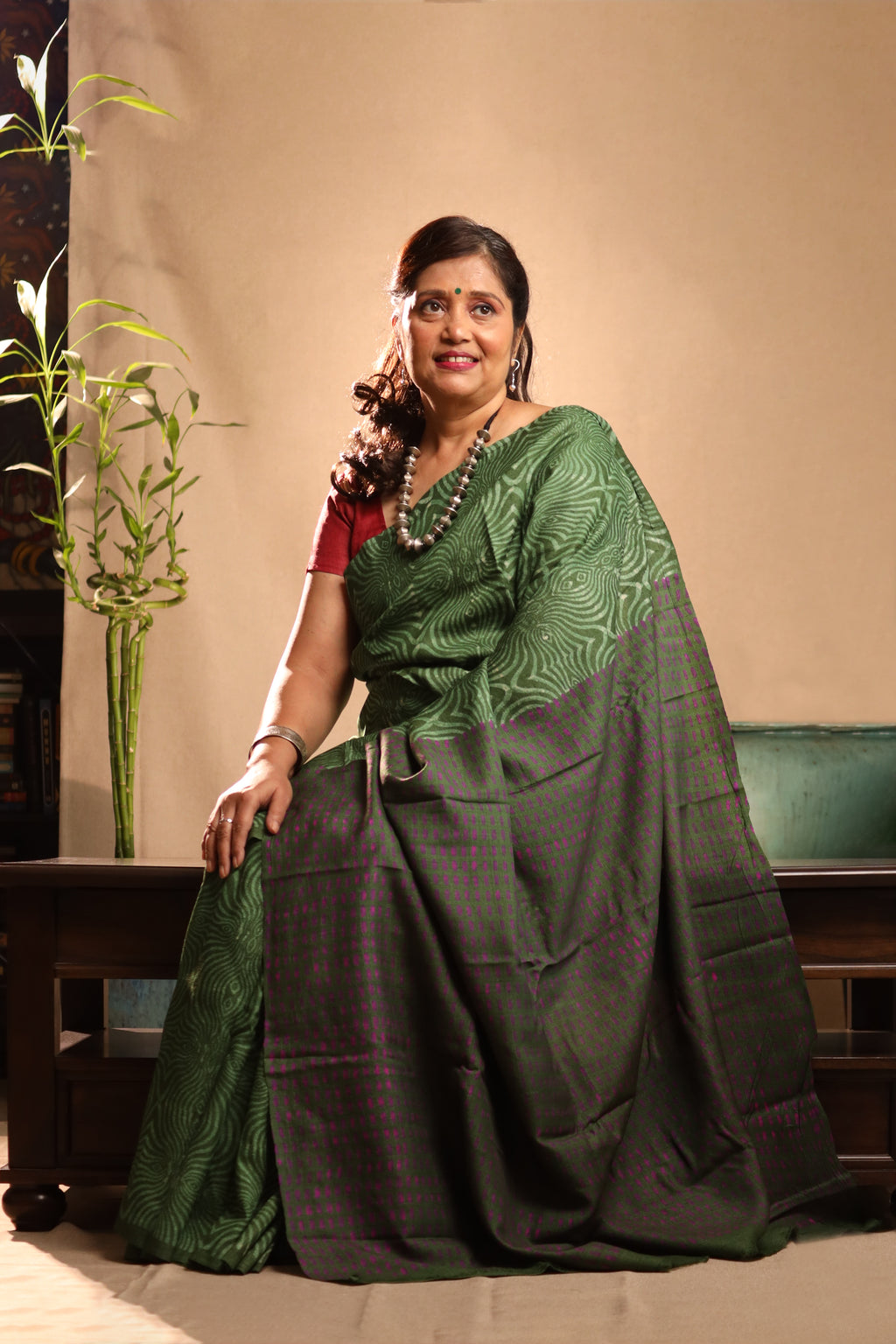 Groovy Green Handblock Printed Handwoven Tussar Silk Saree
