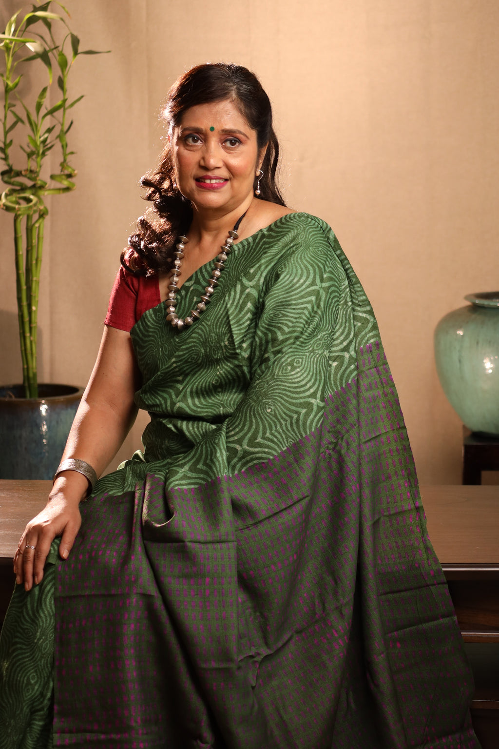 Groovy Green Handblock Printed Handwoven Tussar Silk Saree