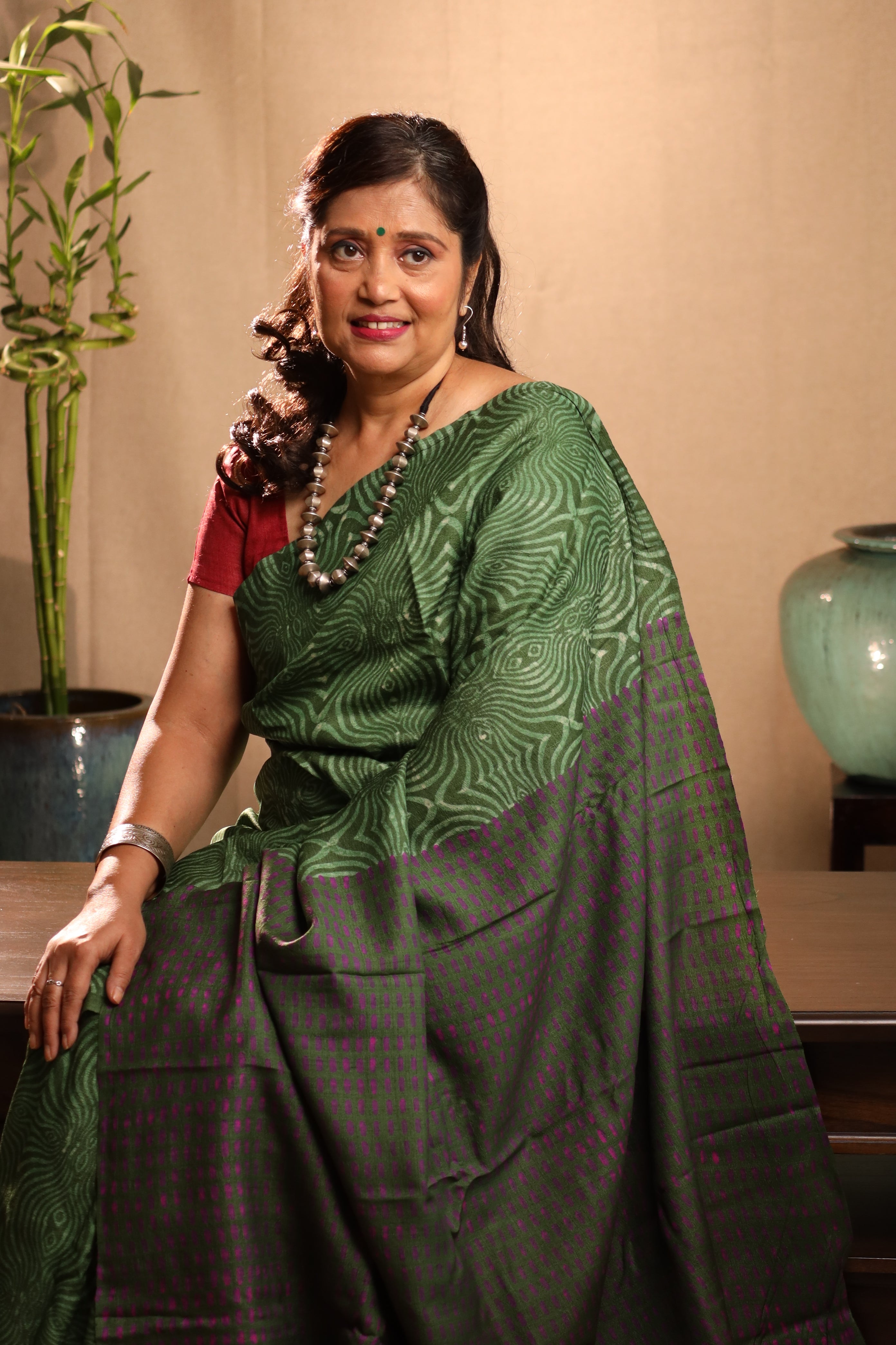 Groovy Green Handblock Printed Handwoven Tussar Silk Saree