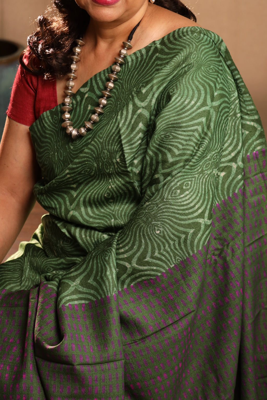 Groovy Green Handblock Printed Handwoven Tussar Silk Saree