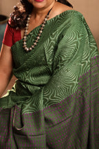 Groovy Green Handblock Printed Handwoven Tussar Silk Saree