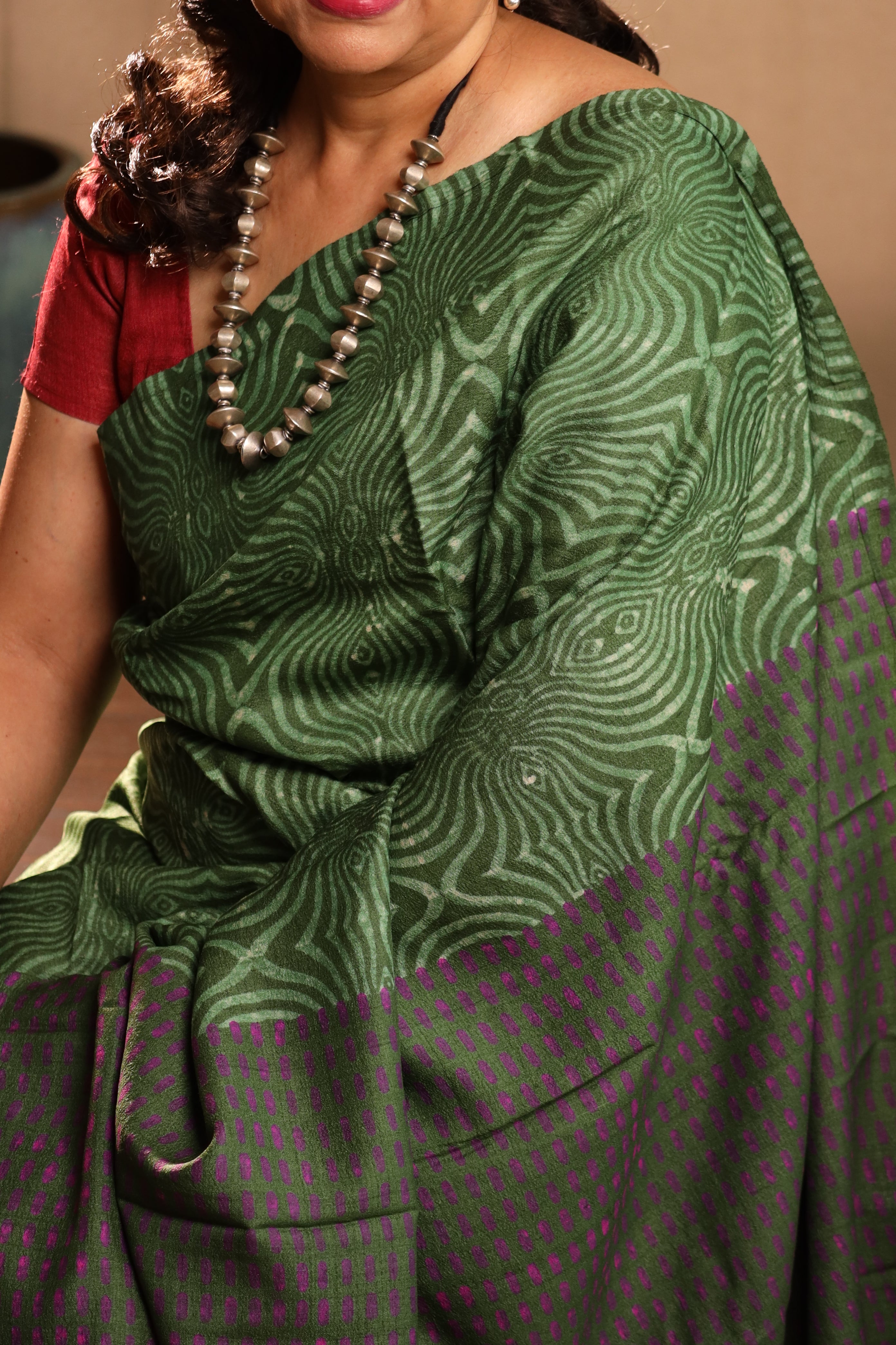 Groovy Green Handblock Printed Handwoven Tussar Silk Saree