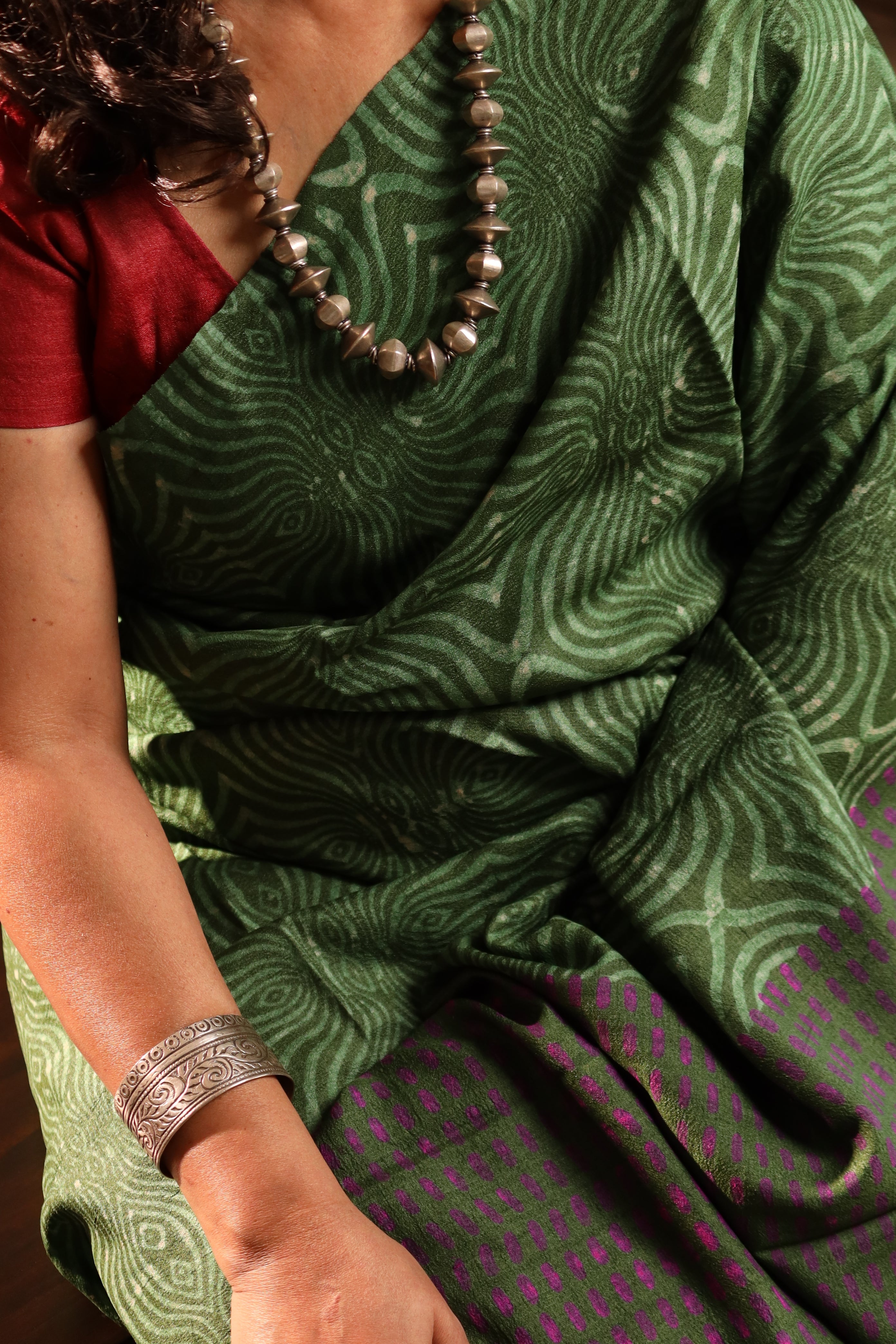 Groovy Green Handblock Printed Handwoven Tussar Silk Saree
