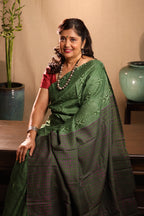 Groovy Green Handblock Printed Handwoven Tussar Silk Saree