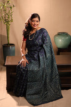 Night Flowers Deep Blue Handblock Printed Handwoven Tussar Silk Saree
