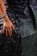 Night Flowers Deep Blue Handblock Printed Handwoven Tussar Silk Saree