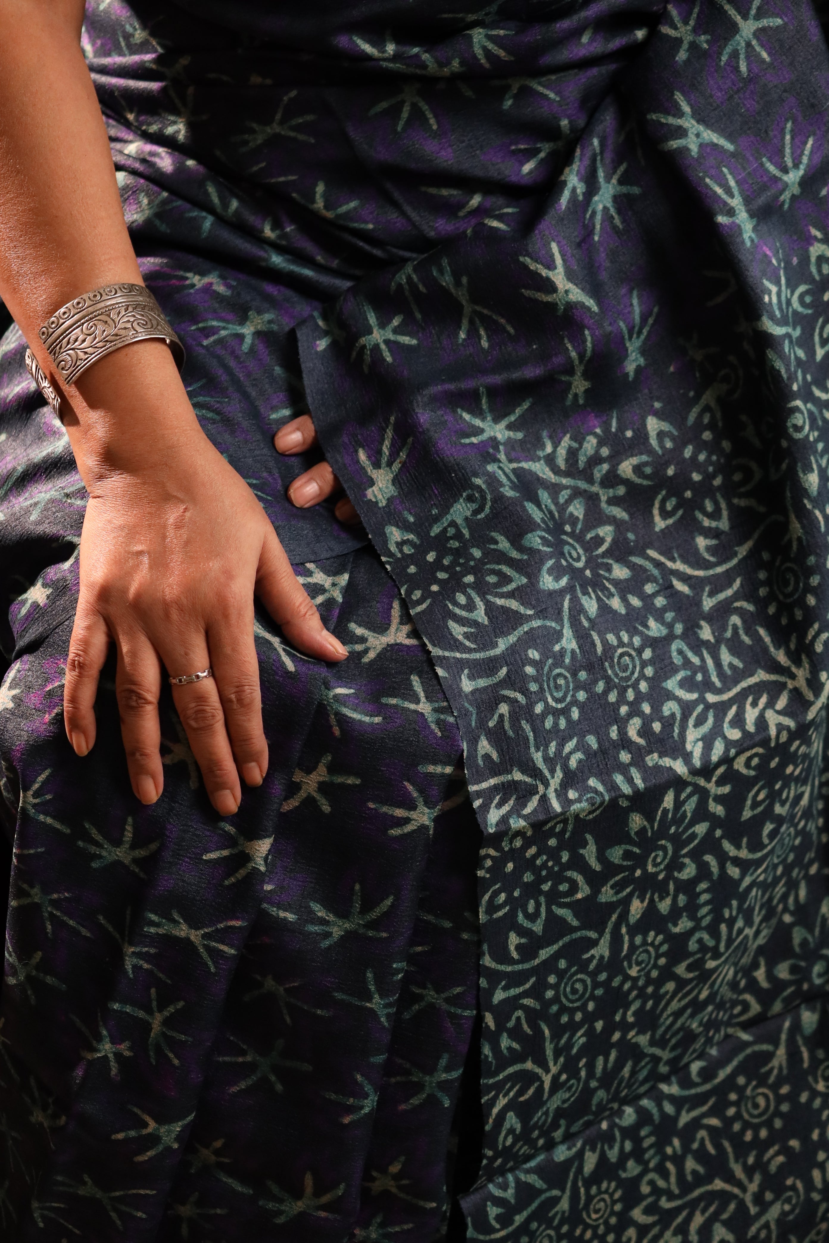 Night Flowers Deep Blue Handblock Printed Handwoven Tussar Silk Saree