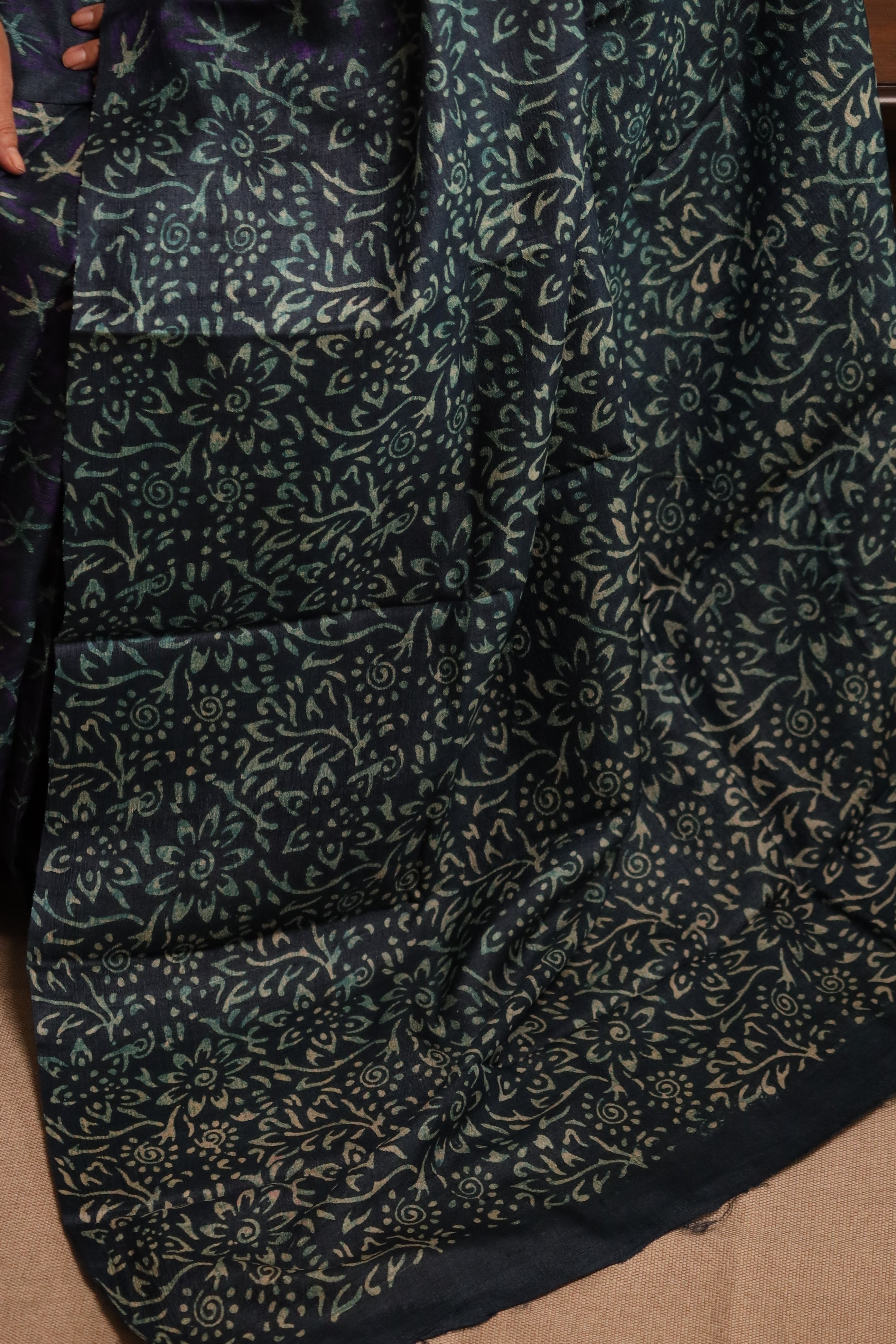 Night Flowers Deep Blue Handblock Printed Handwoven Tussar Silk Saree